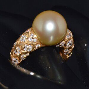 Certified Natural 1.31Cts VS F Diamond 13MM South Sea Pearl 18K Solid Gold Ring